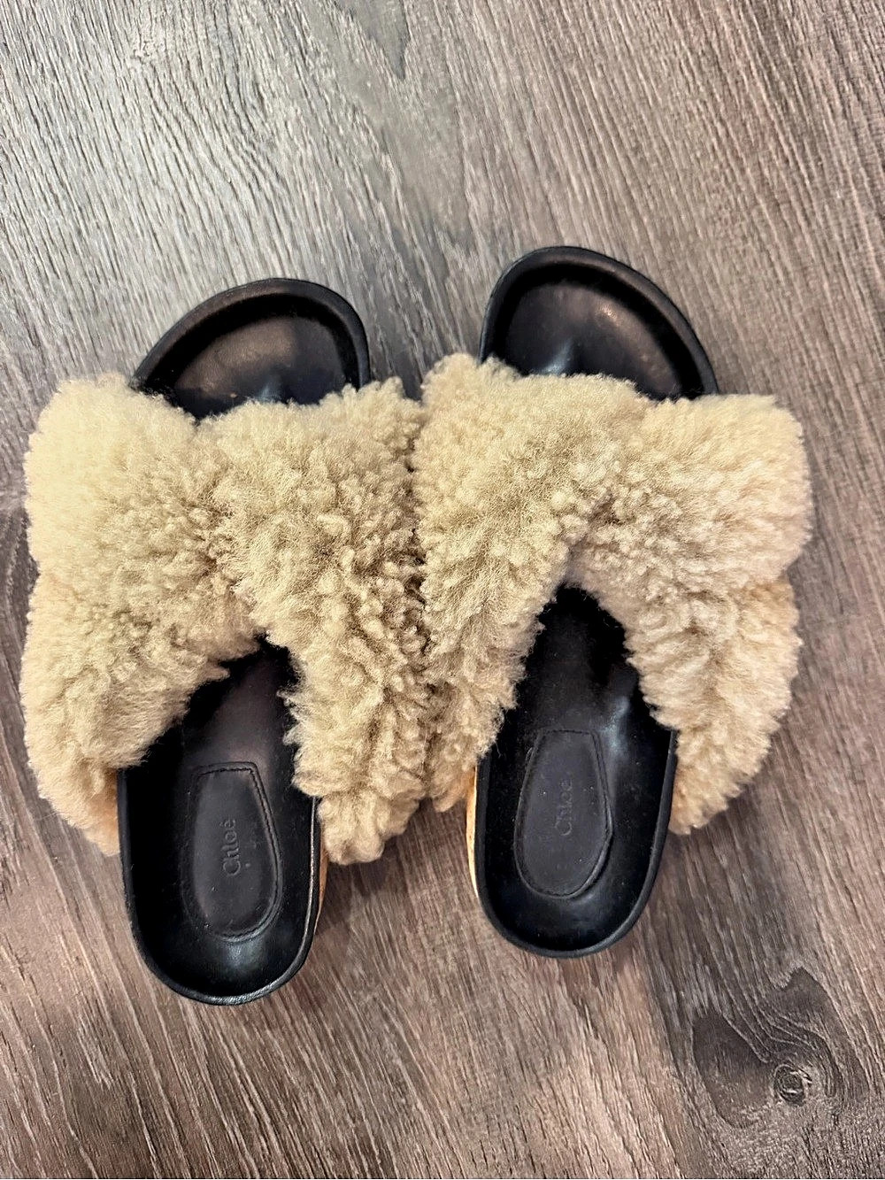 Chloé Wavy Shearling & Leather Slide Brown & Cream EU 38